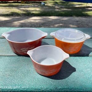 Pyrex Autumn Harvest Wheat Casserole Dish Set With One Lid Circa 1970s